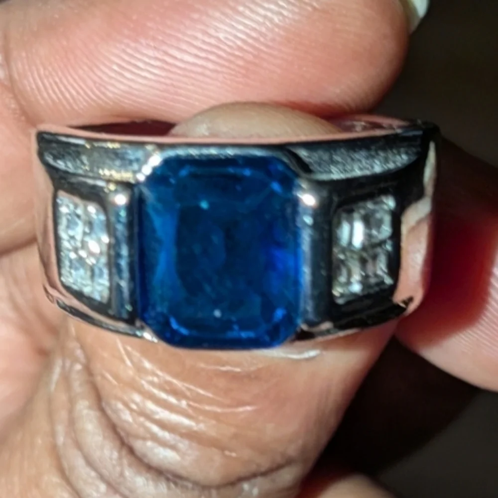 Men's Silver and Blue Gemstone Ring Sz 10